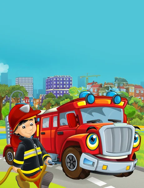 Cena dos desenhos animados com veículo bombeiro na estrada que conduz através da cidade e bombeiro de pé por perto - ilustração para crianças — Fotografia de Stock