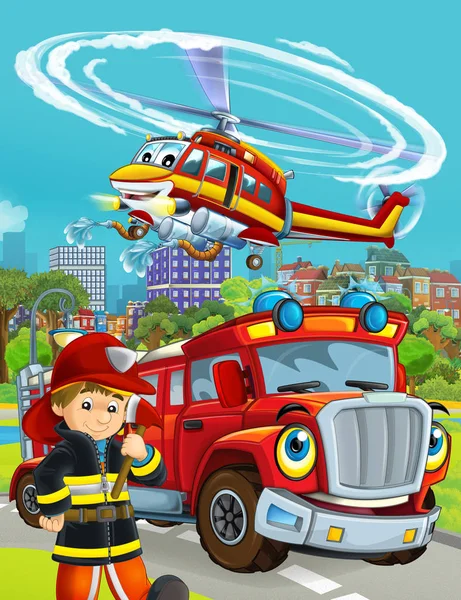 Cena dos desenhos animados com veículo bombeiro na estrada dirigindo pela cidade e helicóptero sobrevoando e bombeiro de pé perto ilustração para crianças — Fotografia de Stock