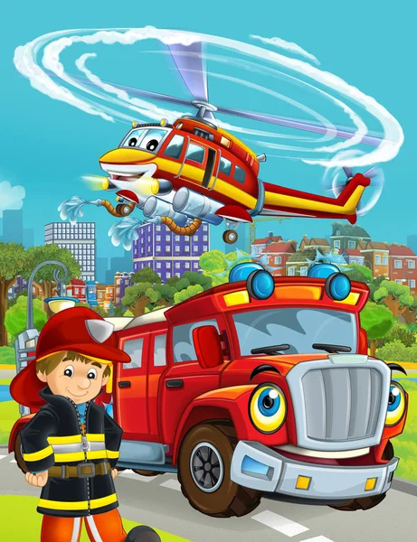 Scena z kreskówek z pojazdem strażackim na drodze jazdy przez miasto i helikopter latający nad i strażak stojący w pobliżu - ilustracja dla dzieci — Zdjęcie stockowe