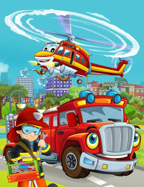 Zeichentrickszene mit Feuerwehrfahrzeug auf der Fahrt durch die Stadt und Hubschrauber überfliegt und Feuerwehrmann in der Nähe - Illustration für Kinder — Stockfoto