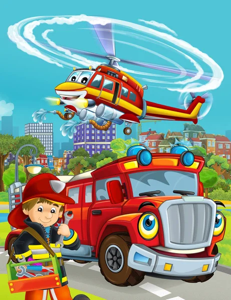 도시를 관통하는 소방차와 헬리콥터 가운 전하고 있는 만화 장면 과 어린이들을 위한 그림에 가까운 곳에서 있는 소방관 — 스톡 사진