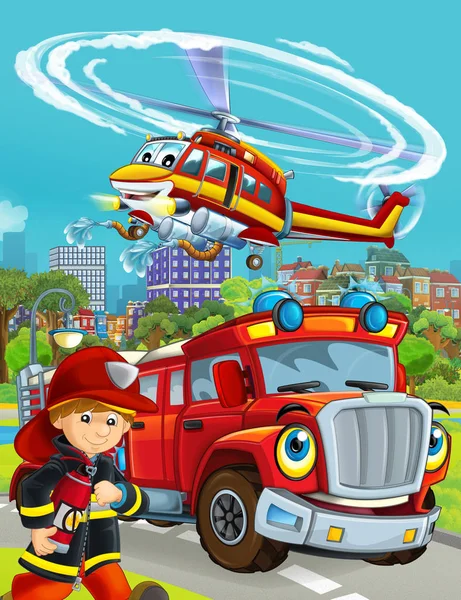 Scena z kreskówek z pojazdem strażackim na drodze jazdy przez miasto i helikopter latający nad i strażak stojący w pobliżu - ilustracja dla dzieci — Zdjęcie stockowe