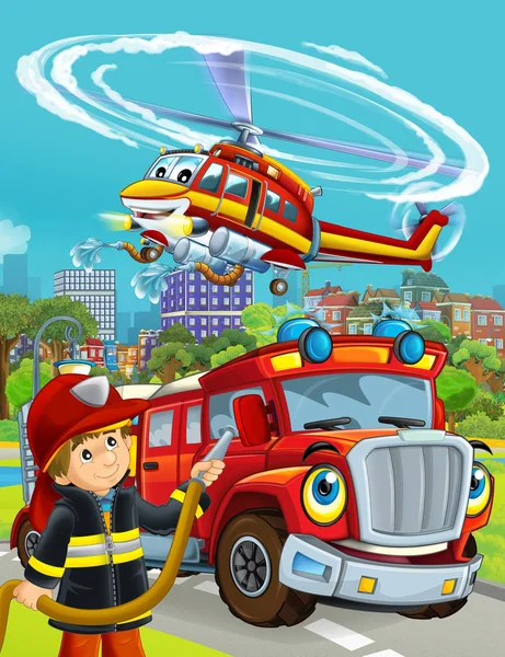 Kreslená scéna s hasičským vozidlem na silnici projíždějící městem a helikoptérou přelétající a hasič stojící poblíž - ilustrace pro děti — Stock fotografie