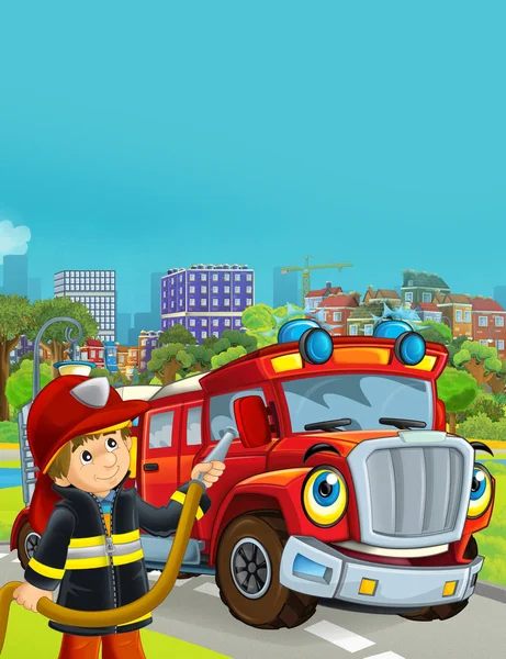 Tecknad scen med brandman fordon på vägen kör genom staden och brandman står nära - illustration för barn — Stockfoto
