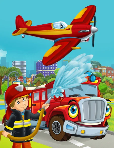 Kreslená scéna s hasičským vozidlem na silnici projíždějící městem a letadlo přelétající a hasič stojící poblíž - ilustrace pro děti — Stock fotografie