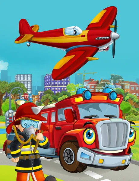Zeichentrickszene mit Feuerwehrfahrzeug auf der Straße, das durch die Stadt fährt und Flugzeug überfliegt und Feuerwehrmann in der Nähe steht - Illustration für Kinder — Stockfoto