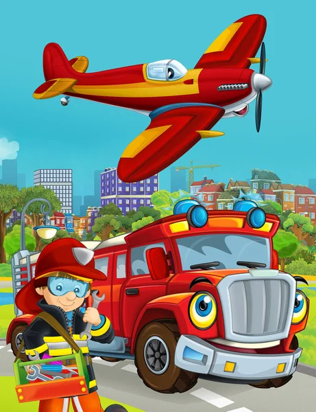 Zeichentrickszene mit Feuerwehrfahrzeug auf der Straße, das durch die Stadt fährt und Flugzeug überfliegt und Feuerwehrmann in der Nähe steht - Illustration für Kinder — Stockfoto