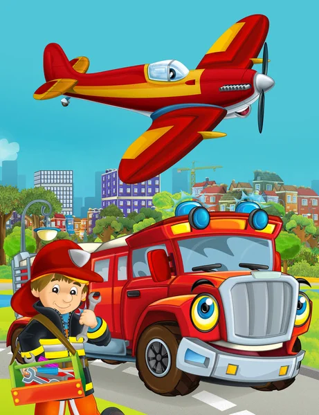 Cartoon scene with fireman vehicle on the road driving through the city and plane flying over and fireman standing near - illustration for children — Stock Photo, Image