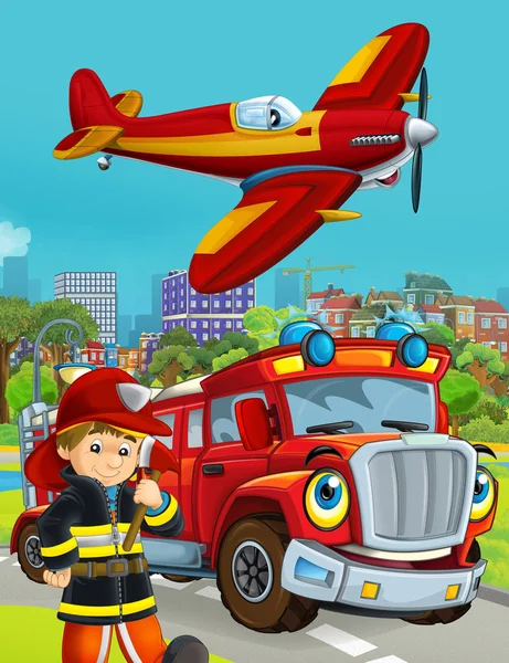 Zeichentrickszene mit Feuerwehrfahrzeug auf der Straße, das durch die Stadt fährt und Flugzeug überfliegt und Feuerwehrmann in der Nähe steht - Illustration für Kinder — Stockfoto