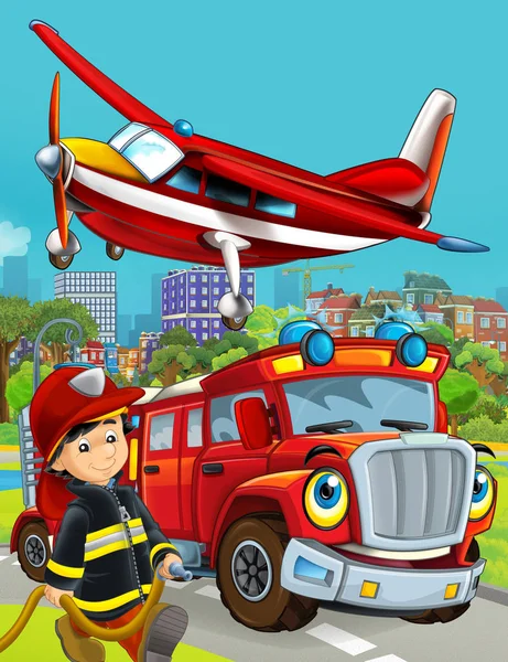 Escena de dibujos animados con vehículo bombero en la carretera que conduce a través de la ciudad y el avión volando y bombero de pie cerca - ilustración para los niños — Foto de Stock