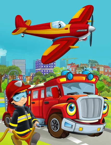 Cartoon scene met brandweerauto op de weg rijden door de stad en het vliegtuig vliegen over en brandweerman in de buurt - illustratie voor kinderen — Stockfoto