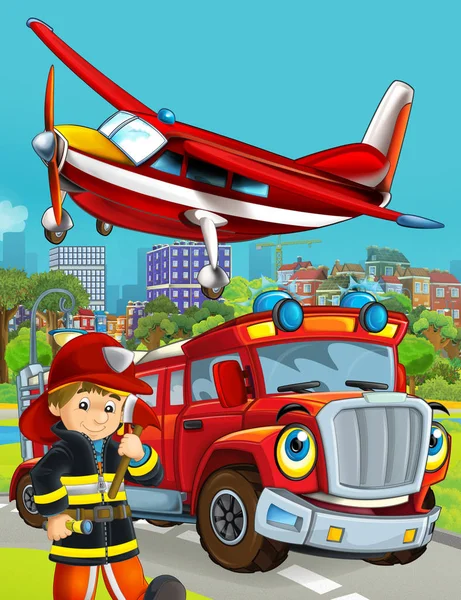 Escena de dibujos animados con vehículo bombero en la carretera que conduce a través de la ciudad y el avión volando y bombero de pie cerca - ilustración para los niños — Foto de Stock