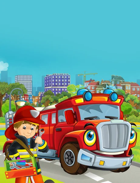 卡通片场景 配有不同的消防机 直升机和儿童用消防队卡车图解 — 图库照片