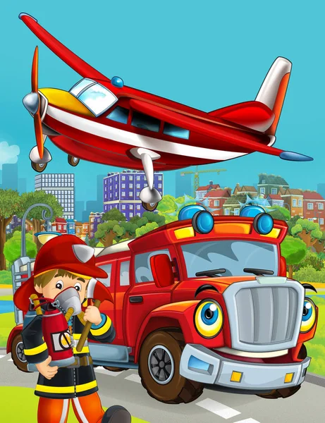 Kreslená scéna s hasičským vozidlem na silnici projíždějící městem a letadlo přelétající a hasič stojící poblíž - ilustrace pro děti — Stock fotografie