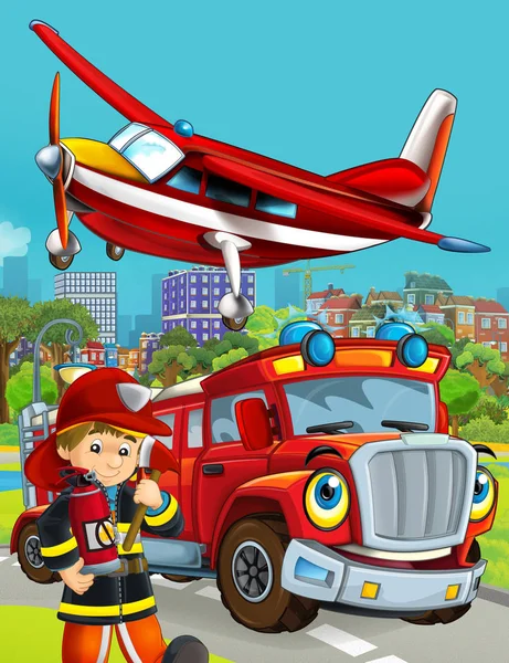 Cartoon scene with fireman vehicle on the road driving through the city and plane flying over and fireman standing near - illustration for children — Stock Photo, Image