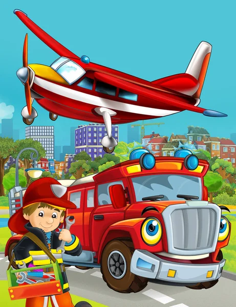 Scène de dessin animé avec véhicule de pompier sur la route traversant la ville et avion survolant et pompier debout à proximité illustration pour les enfants — Photo