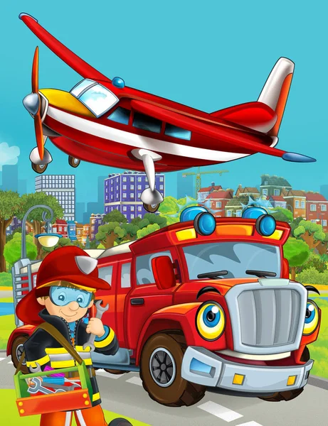 Мультфильм сцена с пожарным транспортным средством на дороге, проезжая через город и самолет пролетел над и пожарный стоял рядом - иллюстрация для детей — стоковое фото