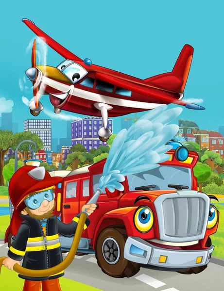 Cena dos desenhos animados com veículo bombeiro na estrada dirigindo pela cidade e avião voando sobre e bombeiro de pé perto - ilustração para crianças — Fotografia de Stock