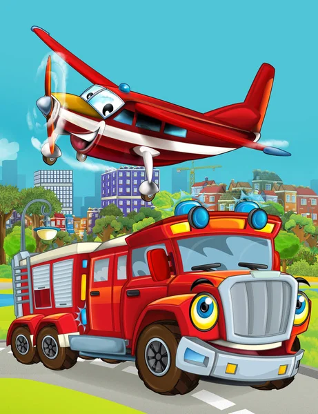 Cartoon scene with fireman vehicle on the road driving through the city and plane flying over - illustration for children — Stock Photo, Image