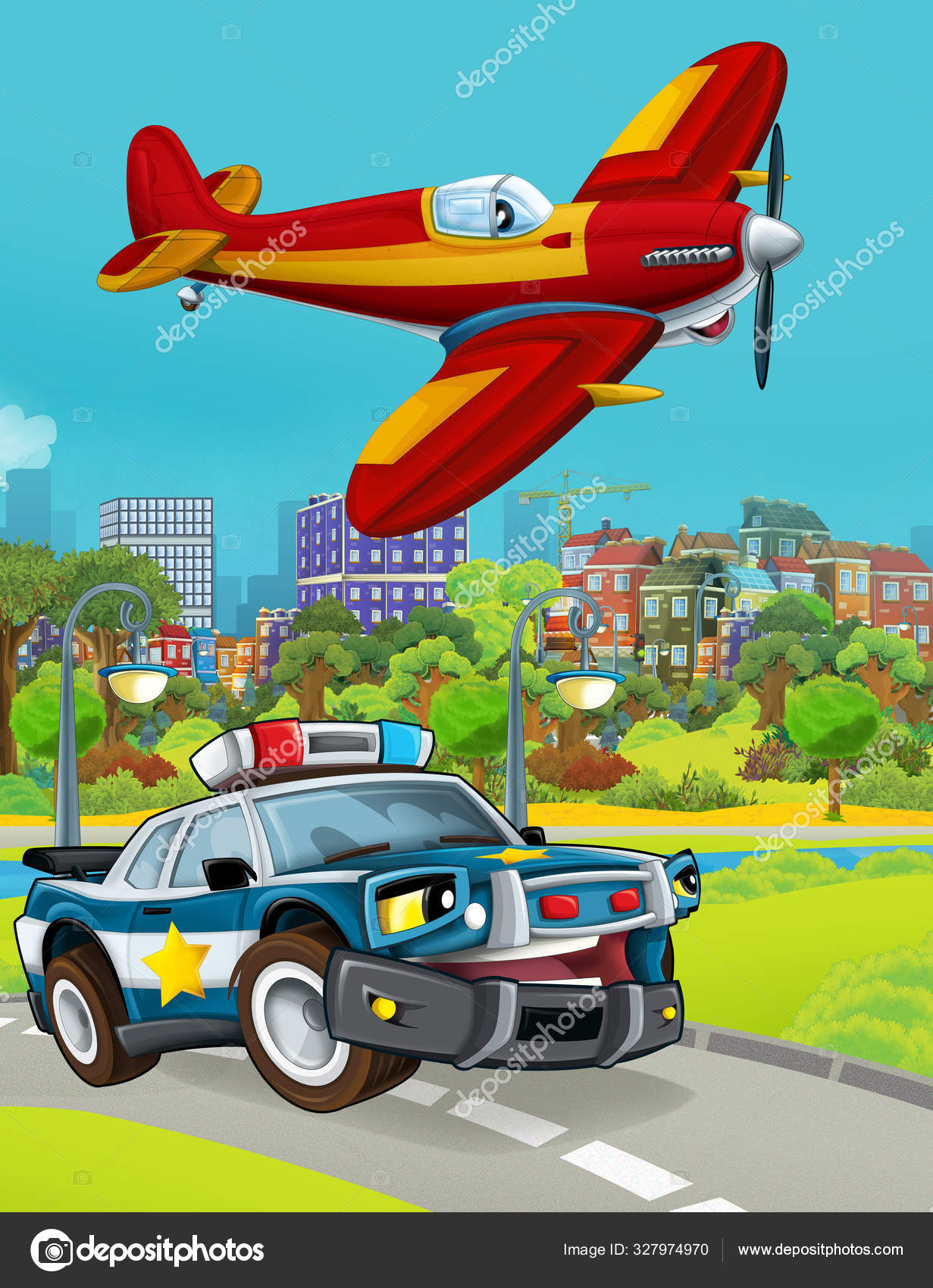 Cartoon scene with police car vehicle on the road and fireman plane flying - illustration for children Stock Photo by ©illustrator_hft 327974970 Cartoon scene with police car vehicle on the road and fireman plane flying - illustration for children Stock Photo by ©illustrator_hft 327974970