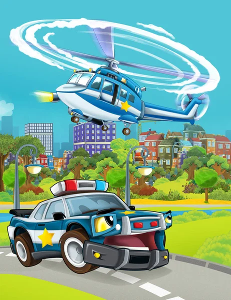 Scène de dessin animé avec véhicule de police sur la route et hélicoptère volant illustration pour les enfants — Photo