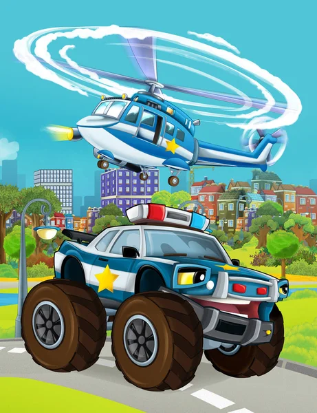 Cartoon scene met politie auto voertuig op de weg en helikopter vliegen - illustratie voor kinderen — Stockfoto