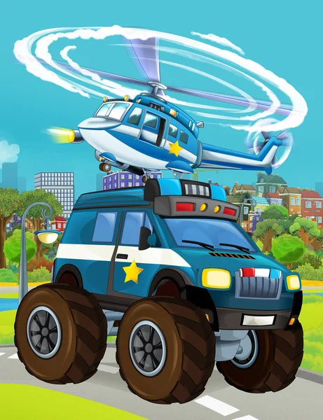 Cartoon scene met politie auto voertuig op de weg en helikopter vliegen - illustratie voor kinderen — Stockfoto