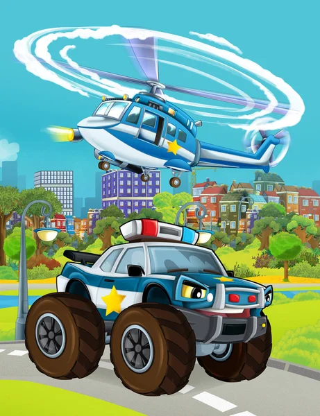 Escena de dibujos animados con vehículo de coche de policía en la carretera y helicóptero volando - ilustración para los niños — Foto de Stock