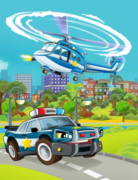Rajzfilm jelenet rendőrautó jármű az úton, és helikopter repülés - illusztráció gyerekeknek — Stock Fotó