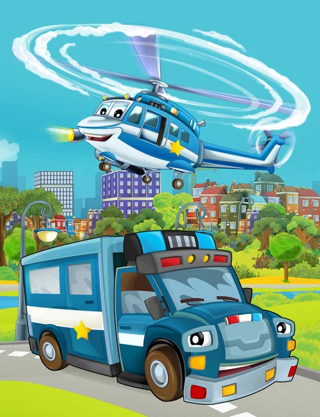 道路上の警察の車やヘリコプターの飛行と漫画シーン-子供のためのイラスト — ストック写真