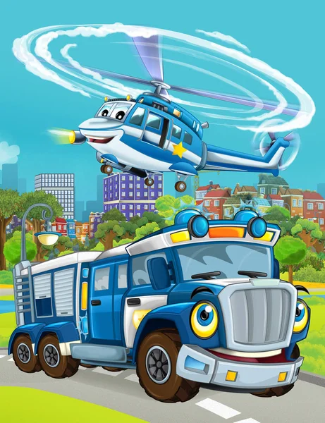 Scena dei cartoni animati con veicolo della polizia sulla strada e volo in elicottero - illustrazione per bambini — Foto Stock