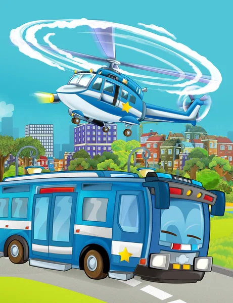 Cartoon scene with police car vehicle on the road and helicopter flying - illustration for children — Stock Photo, Image