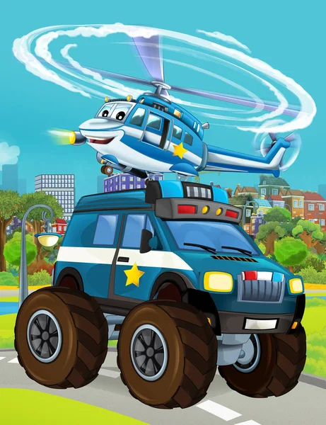 도로에 경찰차가 있고 아이들을 위해 헬리콥터가 날아다니는 그림 이 있는 만화 장면 — 스톡 사진