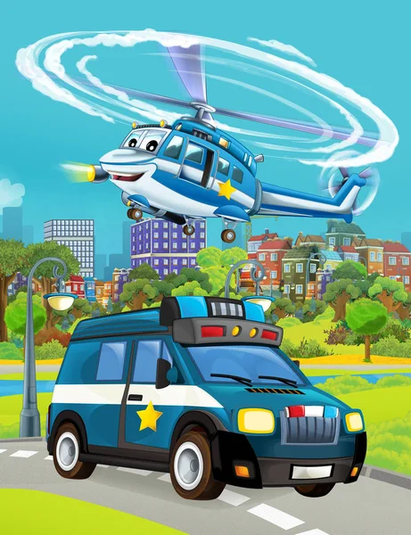 Cartoon scene with police car vehicle on the road and helicopter flying - illustration for children — Stock Photo, Image