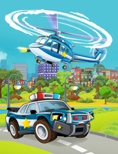 도로에 경찰차가 있고 아이들을 위해 헬리콥터가 날아다니는 그림 이 있는 만화 장면 — 스톡 사진