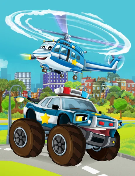 Cartoon scene with police car vehicle on the road and helicopter flying - illustration for children — Stock Photo, Image