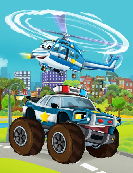 Cartoon scene met politie auto voertuig op de weg en helikopter vliegen - illustratie voor kinderen — Stockfoto