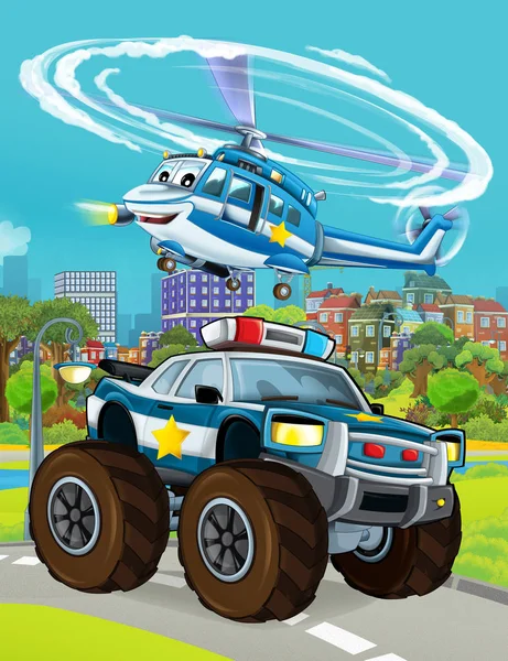 Cena dos desenhos animados com veículo de carro da polícia na estrada e helicóptero voando - ilustração para crianças — Fotografia de Stock