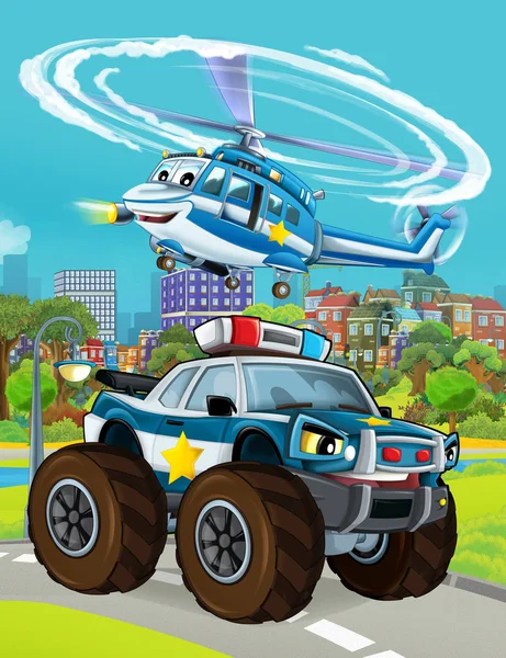 Мультфильм с полицейским автомобилем на дороге и вертолетом полета - иллюстрация для детей — стоковое фото