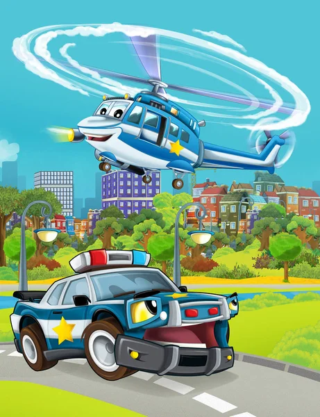 Cartoon scene with police car vehicle on the road and helicopter flying - illustration for children — Stock Photo, Image