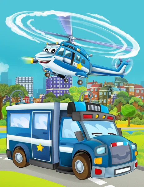 Escena de dibujos animados con vehículo de coche de policía en la carretera y helicóptero volando - ilustración para los niños — Foto de Stock