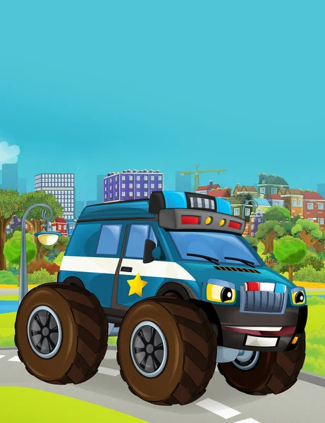 Cartoon scene with police car vehicle on the road - illustration for children — Stock Photo, Image