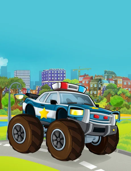 Мультфильм с полицейским автомобилем на дороге - иллюстрация для детей — стоковое фото