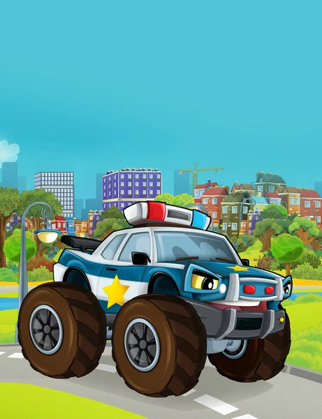 Мультфильм с полицейским автомобилем на дороге - иллюстрация для детей — стоковое фото