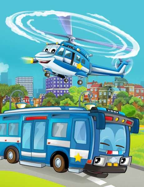 Cartoon scene with police car vehicle on the road and helicopter flying - illustration for children — Stock Photo, Image