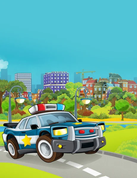 Rajzfilm jelenet rendőrautó jármű az úton - illusztráció gyerekeknek — Stock Fotó