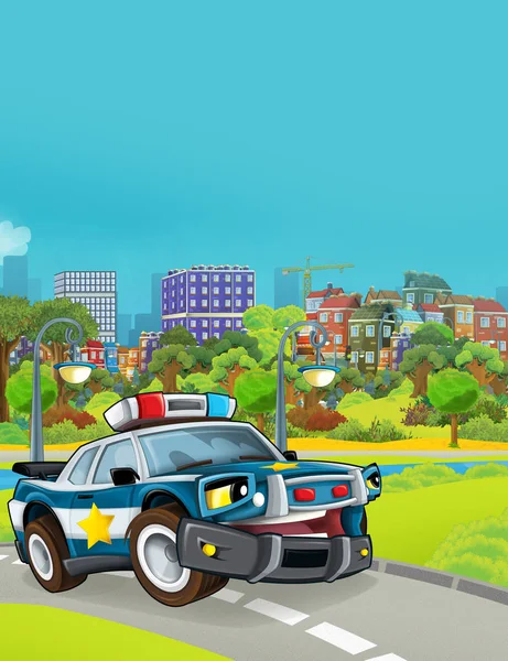 Yolda polis arabası olan çizgi film sahnesi - çocuklar için illüstrasyon — Stok fotoğraf