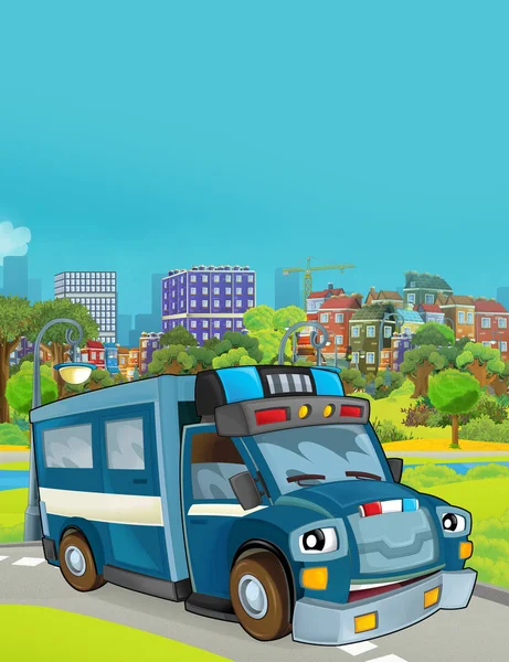 Yolda polis arabası olan çizgi film sahnesi - çocuklar için illüstrasyon — Stok fotoğraf