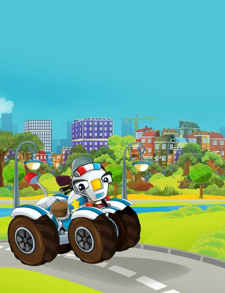 Scène de dessin animé avec véhicule de la police moto monstre camion sur la route illustration pour les enfants — Photo