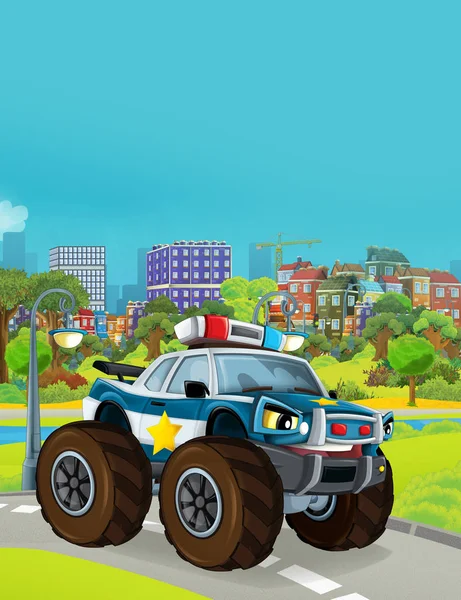 Scena z kreskówek z radiowozem monster truck na drodze - ilustracja dla dzieci — Zdjęcie stockowe